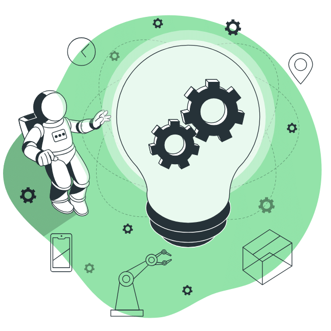 Uma lampada no centro com duas engrenagens dentro, um astronauta próximo a lampada tentando alcancá-la